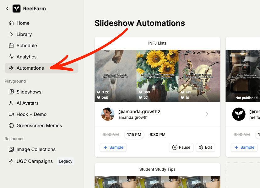 ReelFarm TikTok automation dashboard