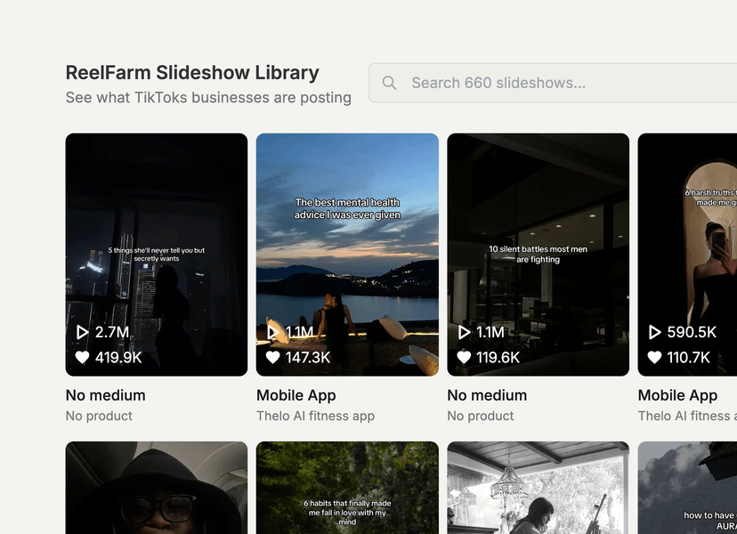 ReelFarm free content library for TikTok inspiration