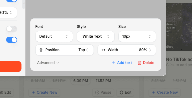 A screenshot of the ReelFarm text item settings panel showing white text, 10px font, left-aligned and flush